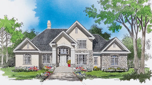 This is an illustration of the front of traditional house plan 722 The Roxbury