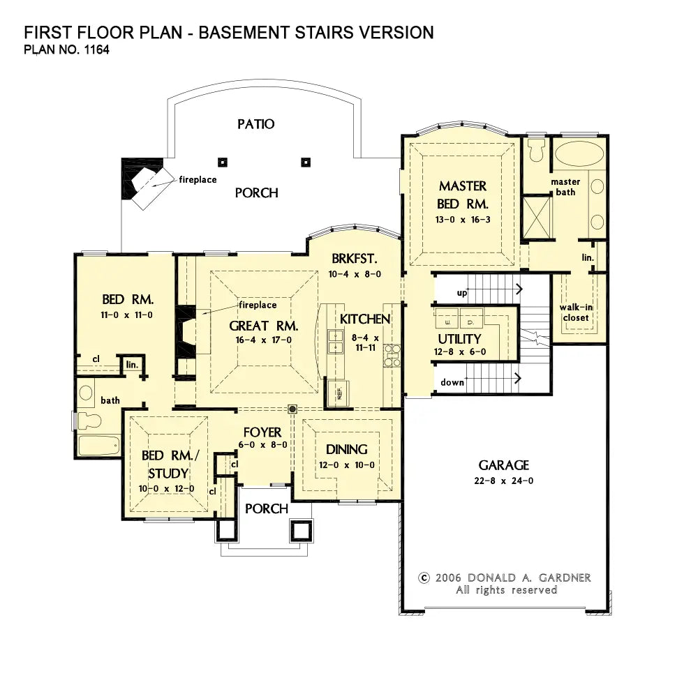 This is the first floor plan image for cottage house plan 1164 The Runnymeade if the home is built over a basement