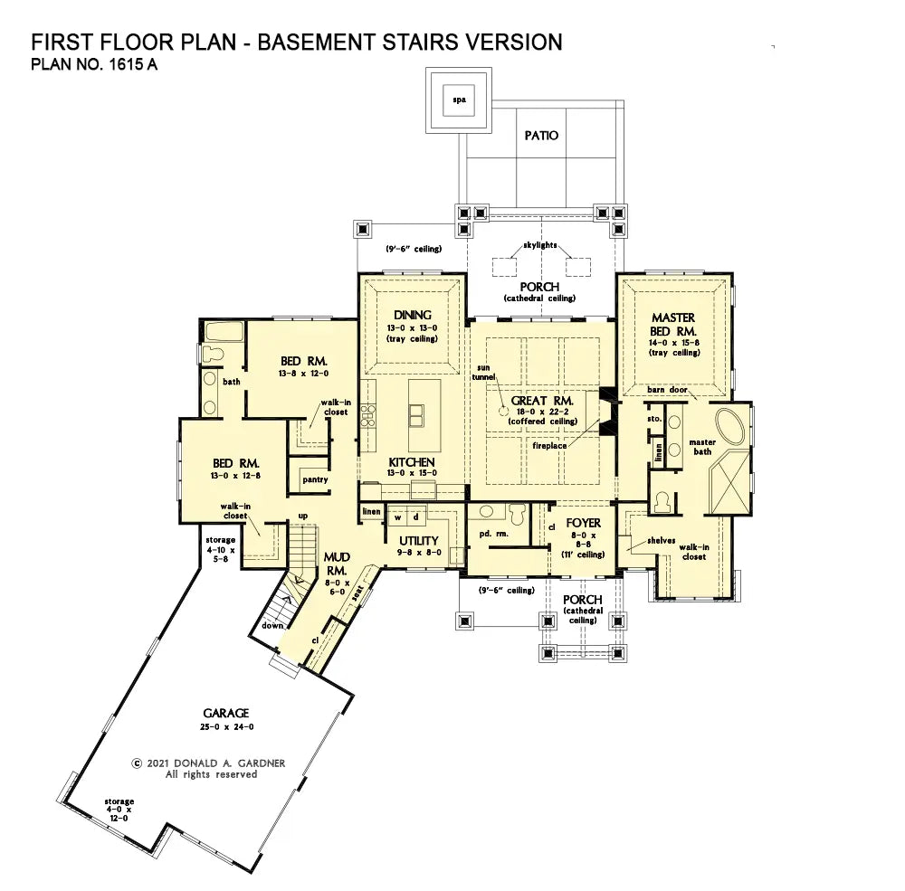 This is the first floor plan image for rustic house plan 1615 The Rupert if the home is built over a basement