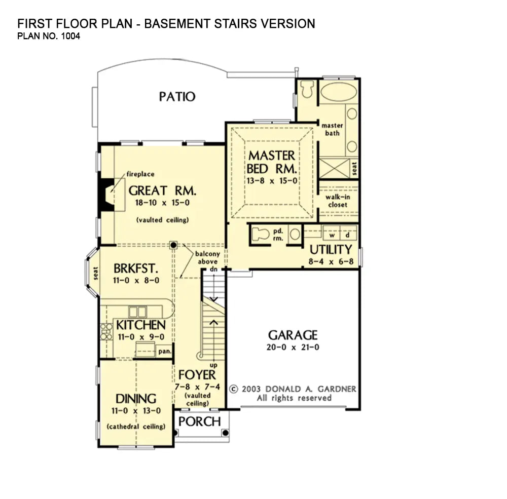 This is the first floor plan image for three bedroom house plan 1020 The Russet if the home is built over a basement