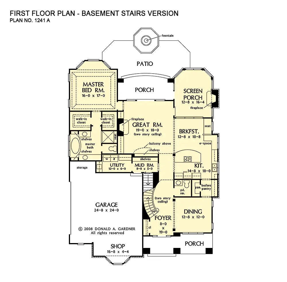 This is the first floor plan image for four bedroom house plan 1241 The Rutherford if the home is built over a basement