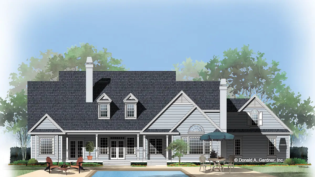 This is an illustration of the rear of luxury house plan 741 The Rutledge