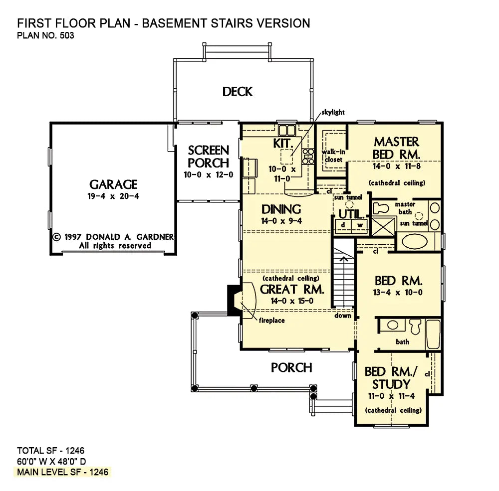 This is the first floor plan image for house plan 503 The Ryley if the home is built over a basement