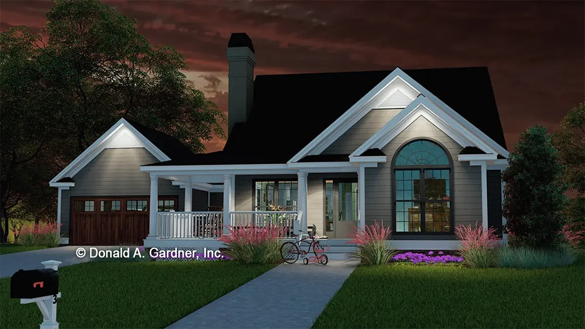 This is an illustration of the front of house plan 503 The Ryley at dusk