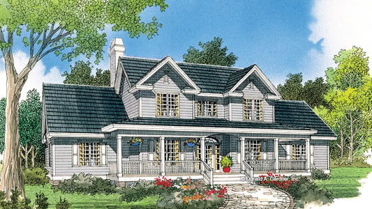 This is a front view illustration of a farmhouse style home. The Saddlebrook plan 762.