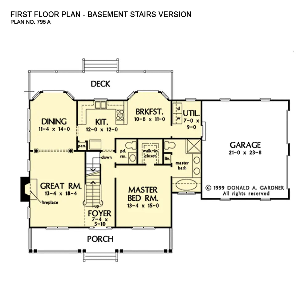 This is the first floor plan image for traditional house plan 795 The Saluda if the home is built over a basement