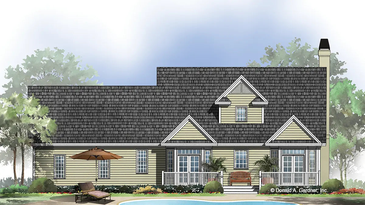 This is an illustration of the rear of traditional house plan 795 The Saluda