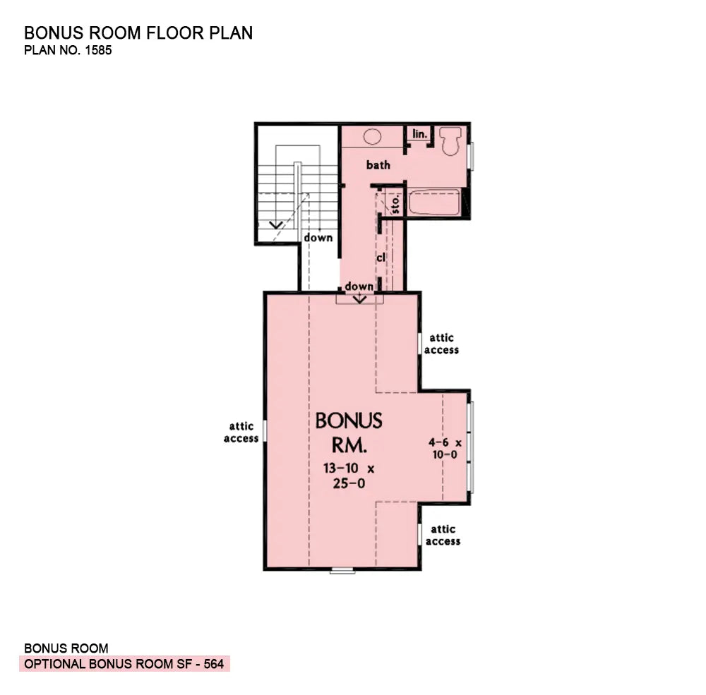 This is the bonus room floor plan image for 3 bedroom house plan 1585 The Samuel