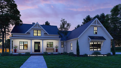 This is an illustration of the front of 3 bedroom house plan 1585 The Samuel at dusk