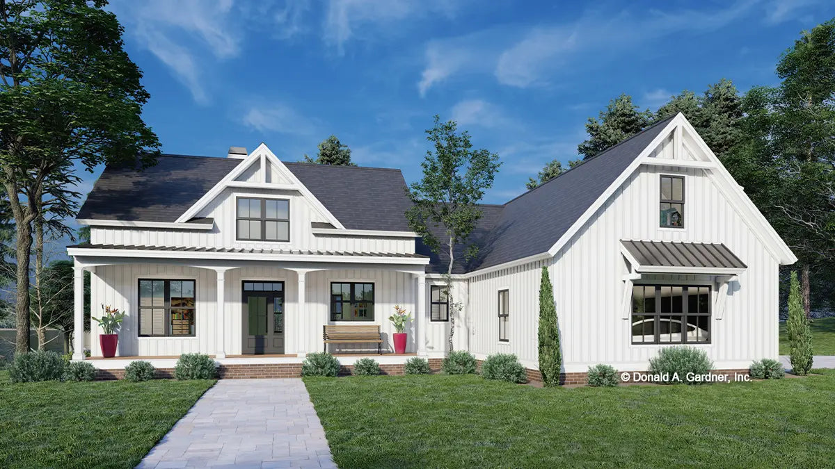 This is an illustration of the front of modern farmhouse house plan 1585 The Samuel