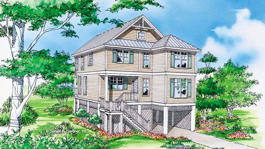 This is an illustration of the front of coastal house plan 750 The Sandifer