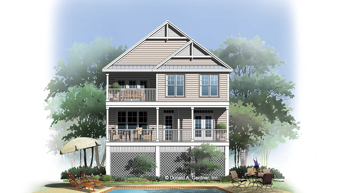 This is an illustration of the rear of beach house plan 750 The Sandifer