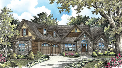 This is an illustration of the front of Craftsman Walkout Basement house plan 1329 The Sandy Creek