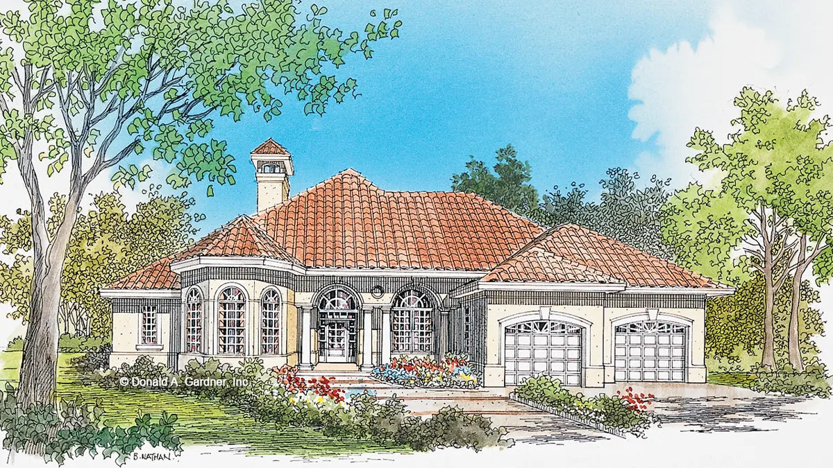 This is an illustration of the front of mediterranean house plan 541 The Sanibel