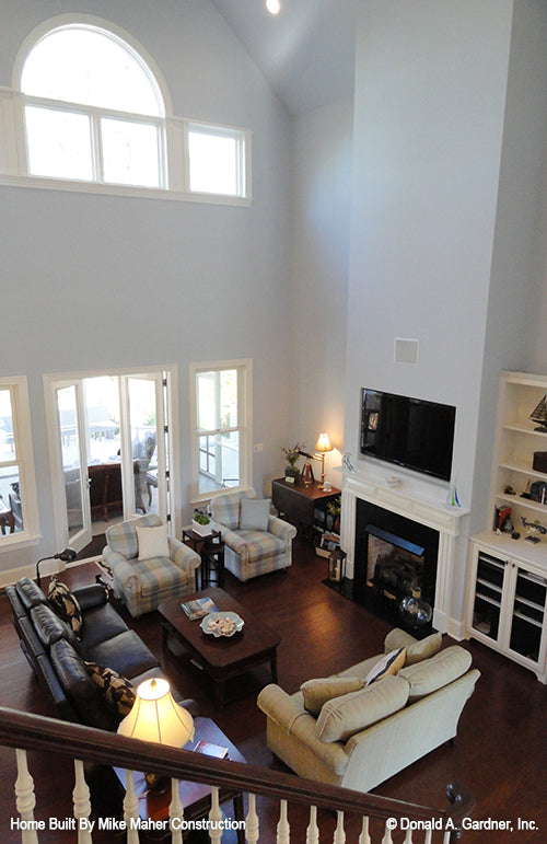 Picture from stairway looking down into great room for house plan 1011 The Santee