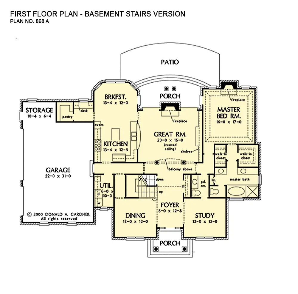 This is the first floor plan image for brick house plan 868 The Santerini if the home is built over a basement