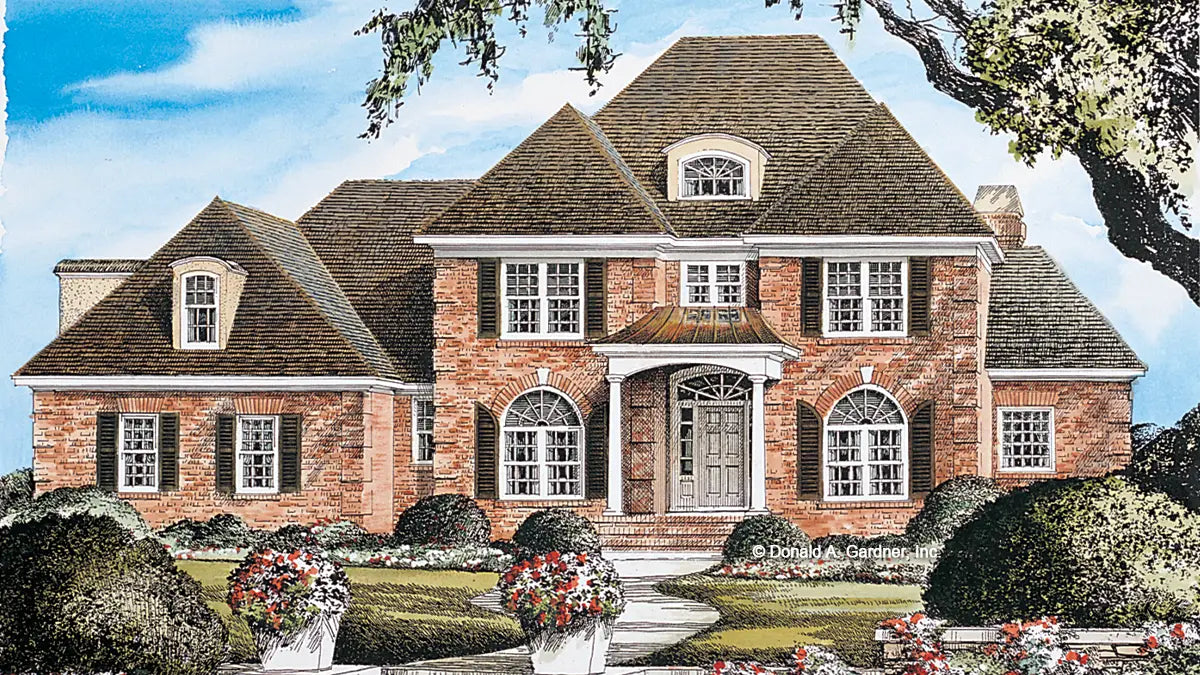 This is an illustration of the front of classical house plan 868 The Santerini