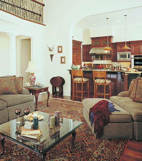 This is a picture of the great room and kitchen of classical house plan 868 The Santerini