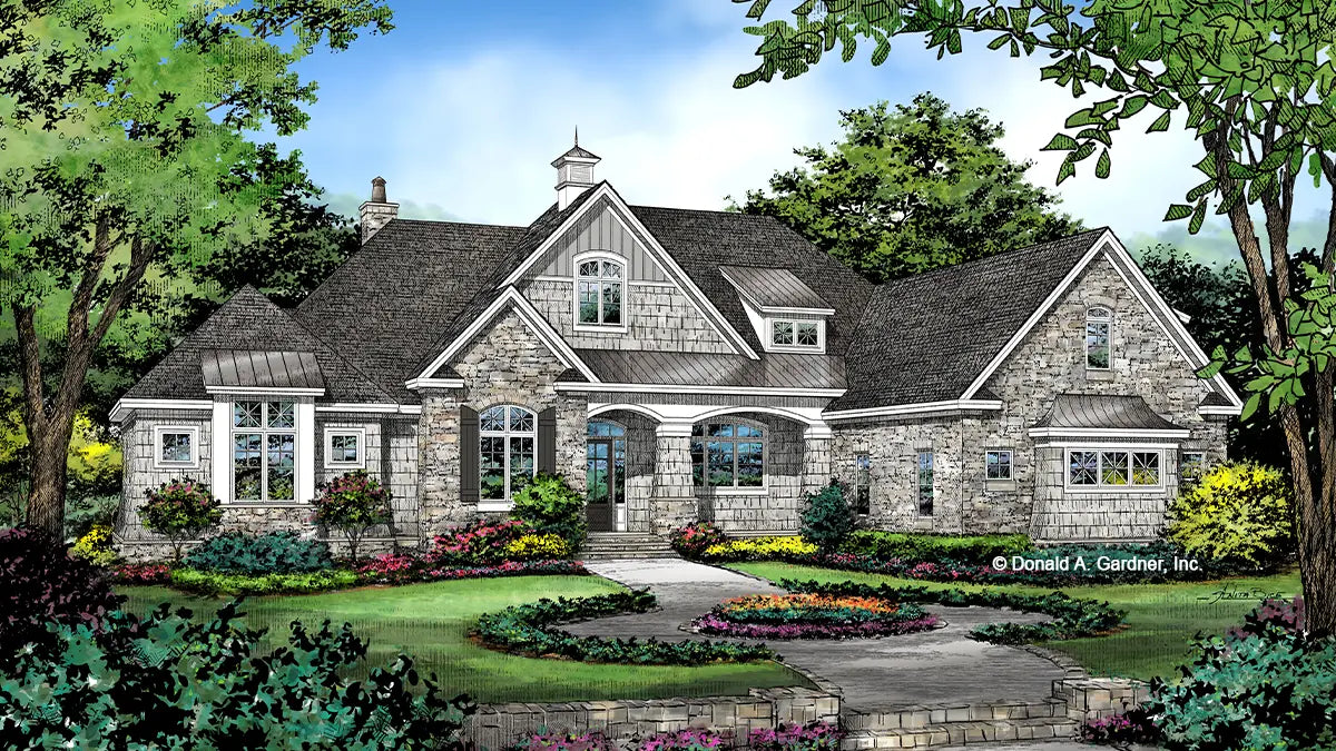 This is an illustration of the front of Luxury Walkout Basement house plan 1403 The Sarafine