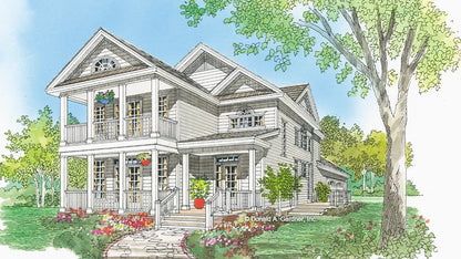 Front view illustration with second story porch. The Sassafras plan 814.