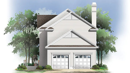 Rear view illustration with two car garages. The Sassafras plan 814.