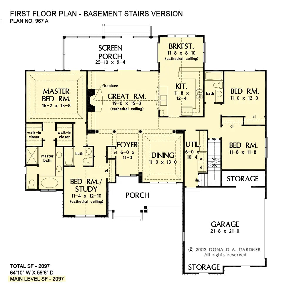 This is the first floor plan image for four bedroom house plan 967 The Satchwell if the home is built over a basement