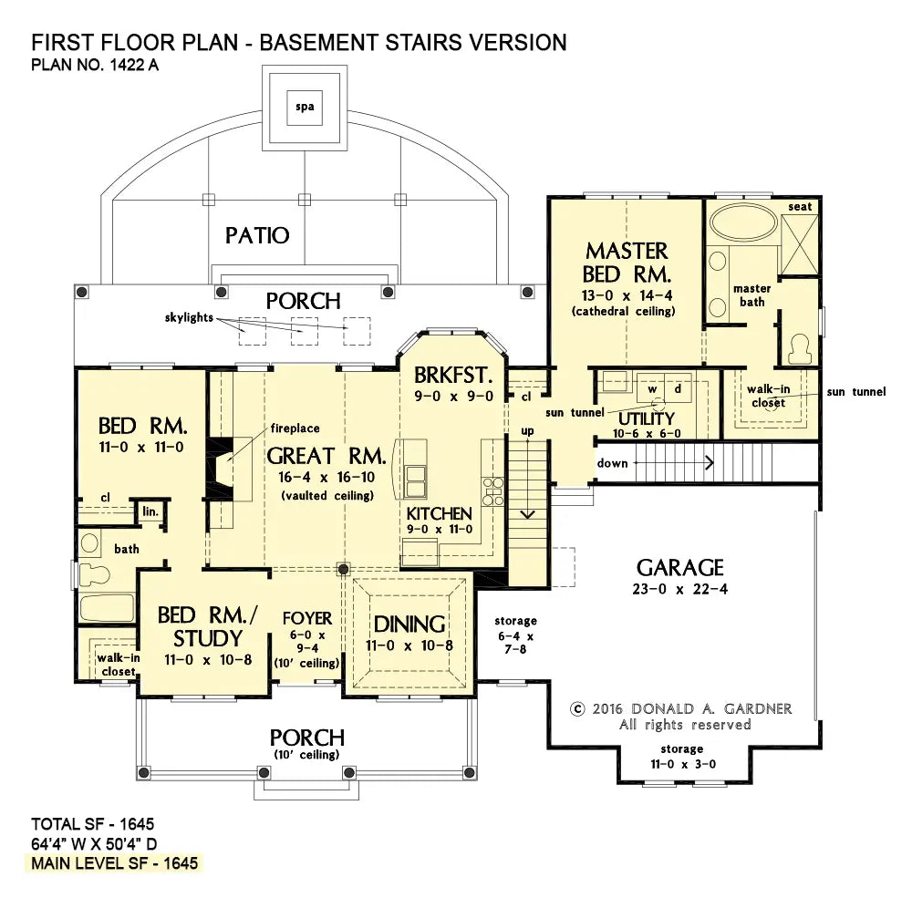 This is the first floor plan image for house plan 1422 The Sawyer if the home is built over a basement