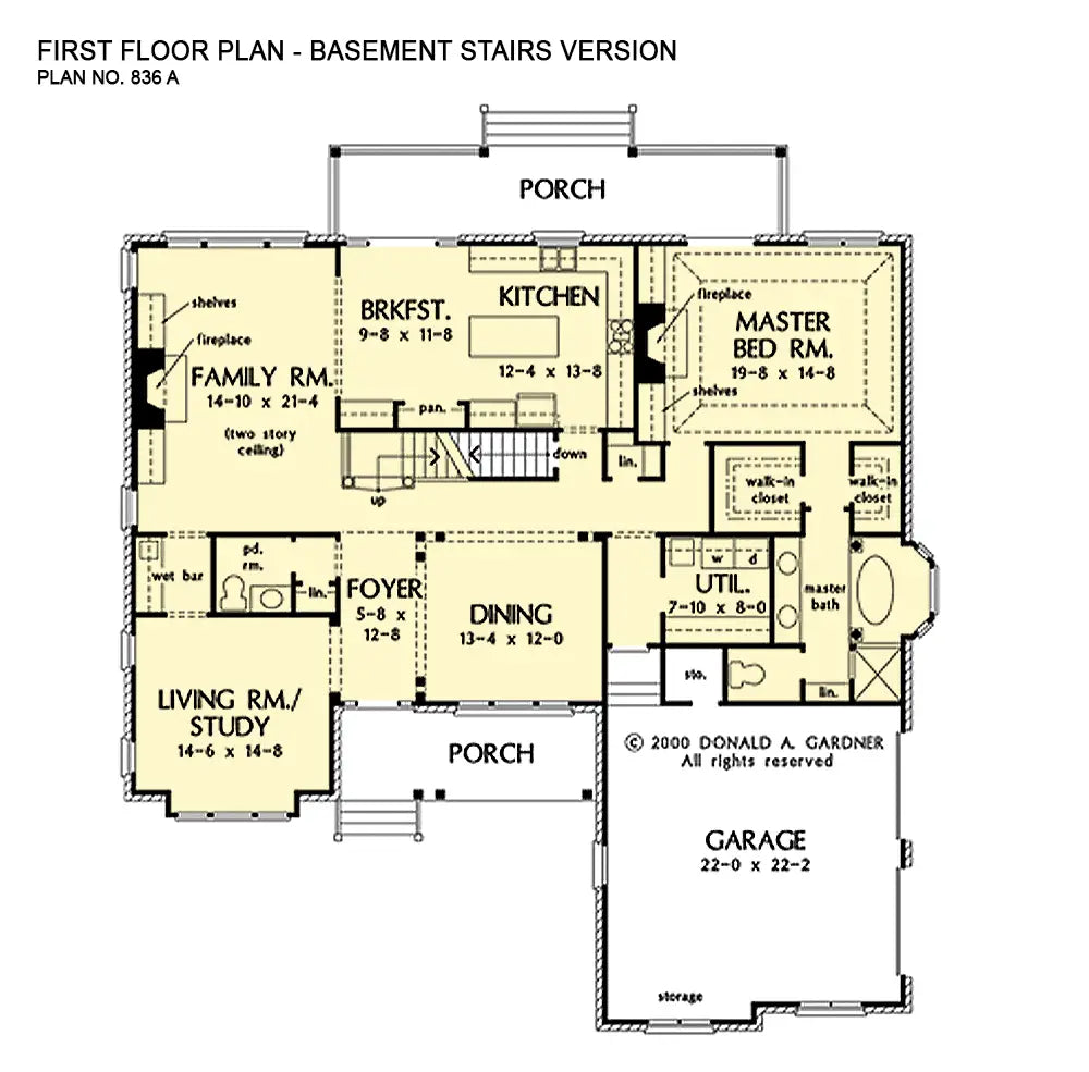 This is the first floor plan image for brick house plan 836 The Saxony if the home is built over a basement