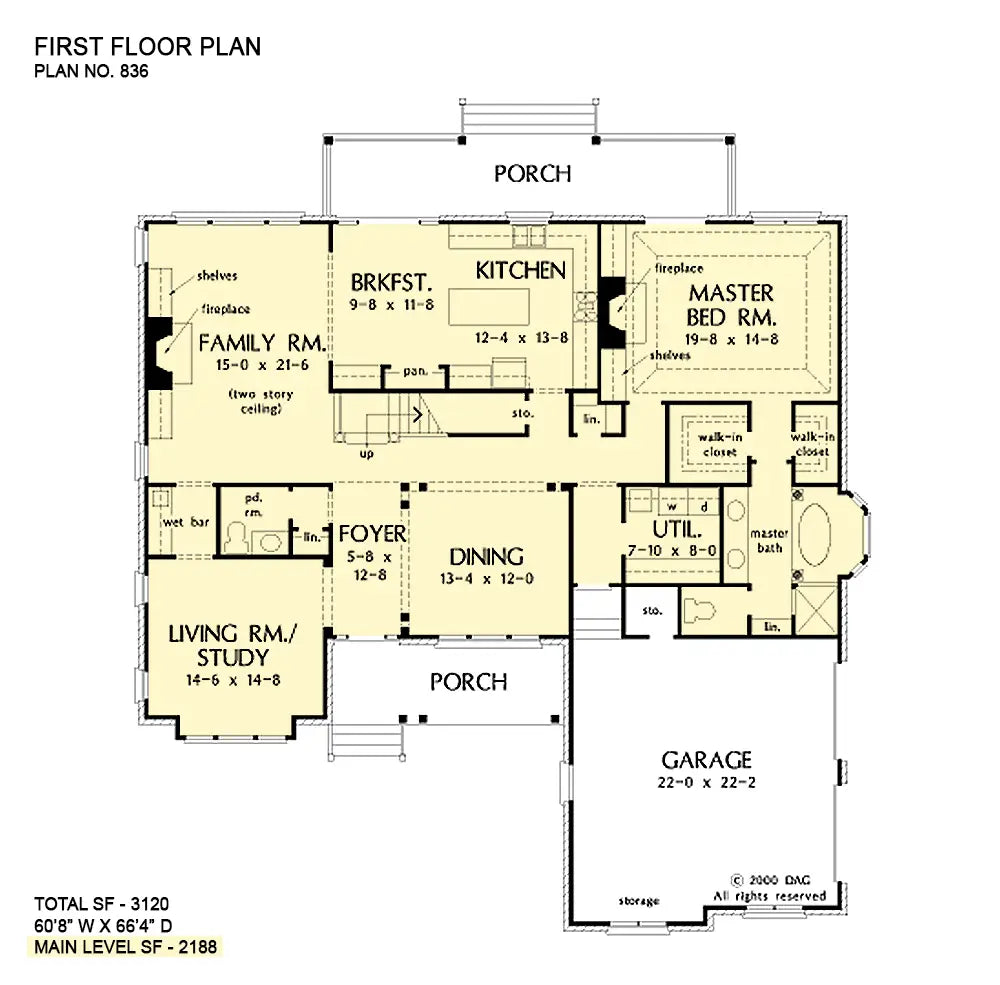 This is the first floor plan image for four bedroom house plan 836 The Saxony