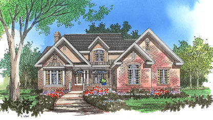 This is an illustration of the front of four bedroom house plan 836 The Saxony