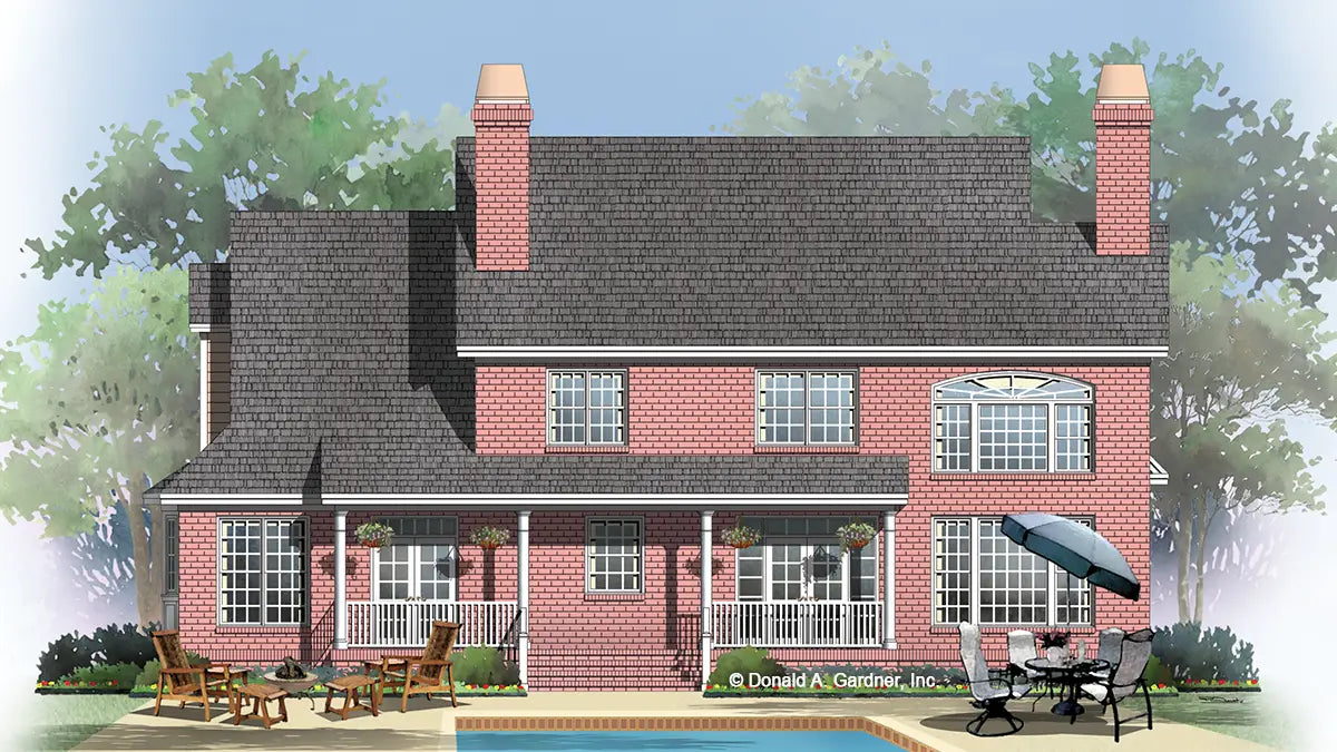 This is an illustration of the rear of brick house plan 836 The Saxony