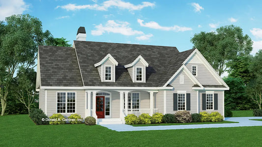 This is an illustration of the front of small house plan 766 The Schuyler