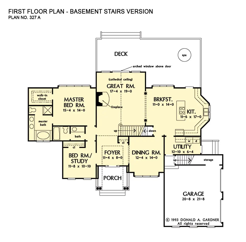 This is the first floor plan image for four bedroom house plan 327 The Sedgewicke if the home is built over a basement