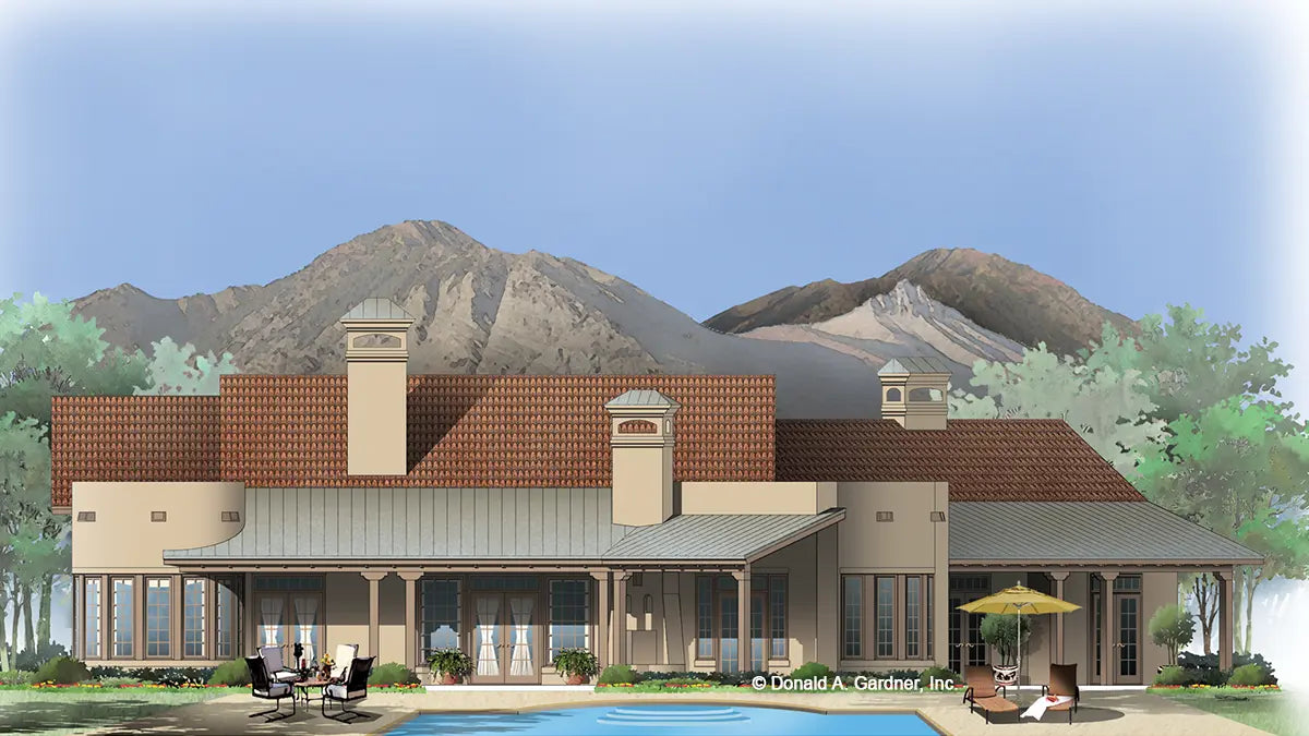 This is an illustration of the rear of ranch house plan 986 The Sedona Ridge