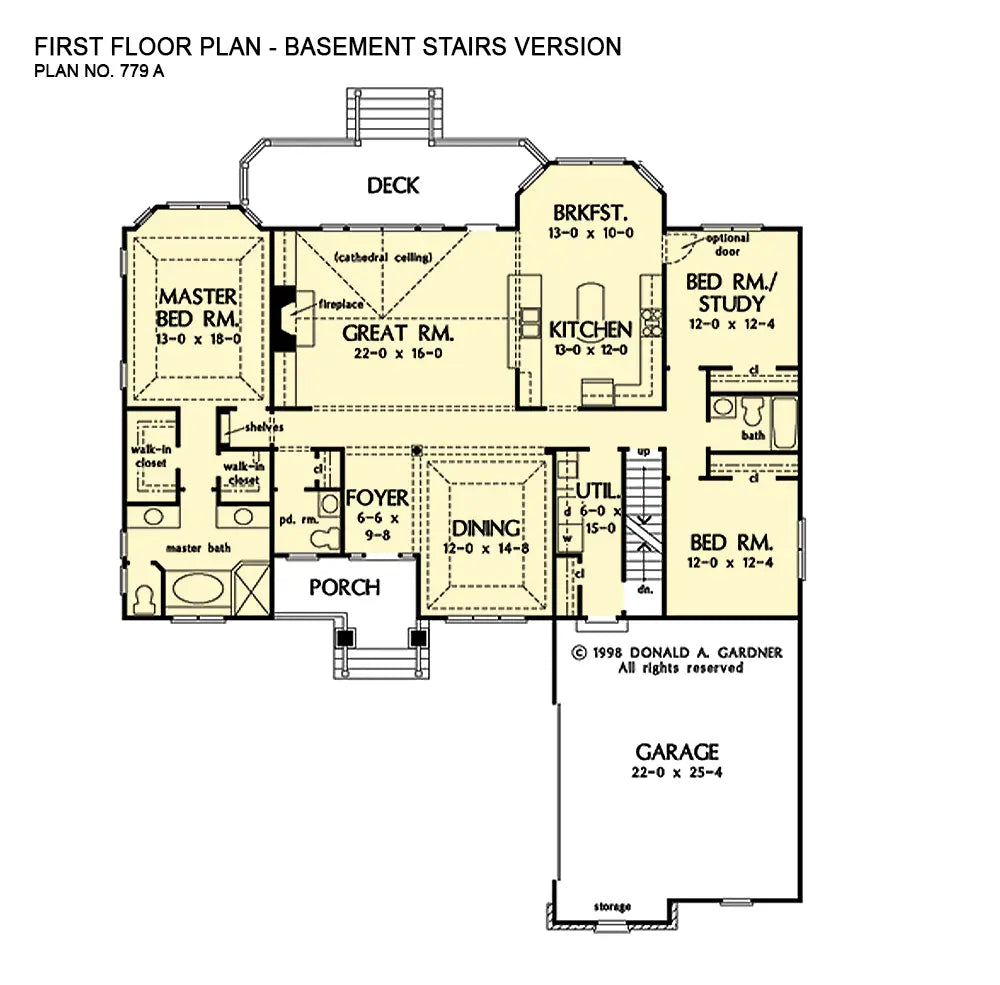 This is the first floor plan image for ranch house plan 779 The Serenade if the home is built over a basement