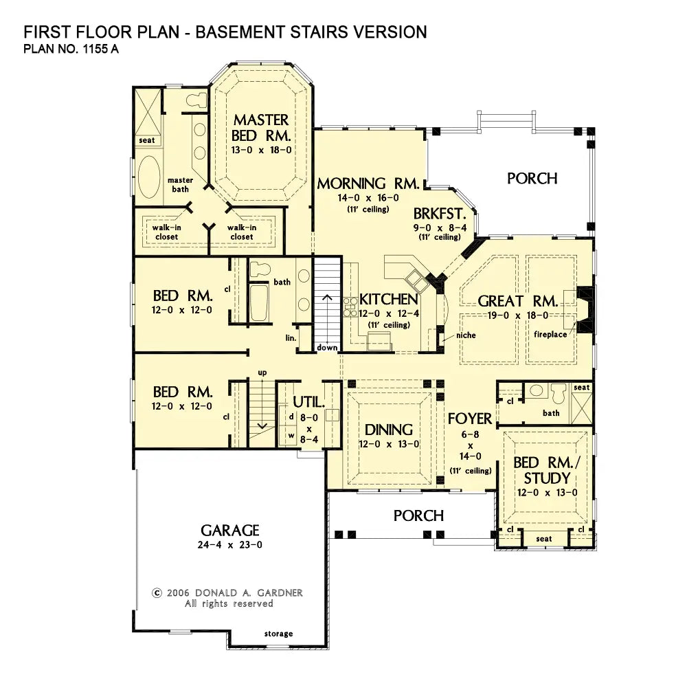 This is the first floor plan image for craftsman house plan 1155 The Serendipity if the home is built over a basement