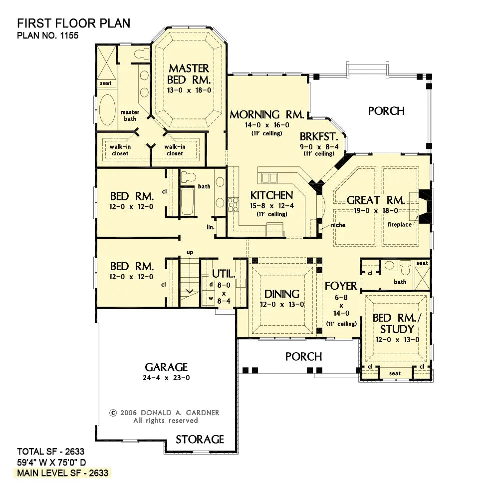 This is the first floor plan image for four bedroom house plan 1155 The Serendipity