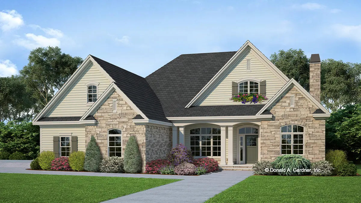 This is an illustration of the front of four bedroom house plan 1155 The Serendipity