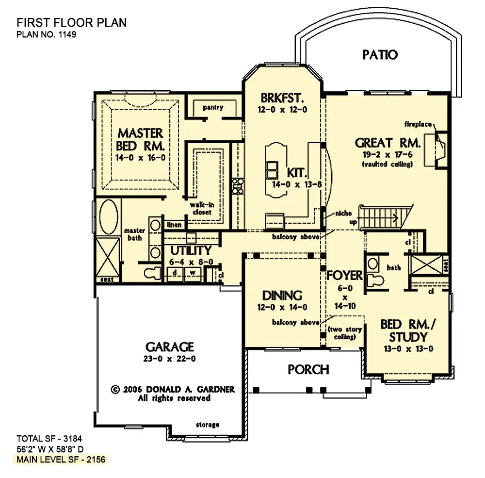 great room and kitchen in the back right of the first floor plan with the master suite to the left rear with the dining room and story to the front