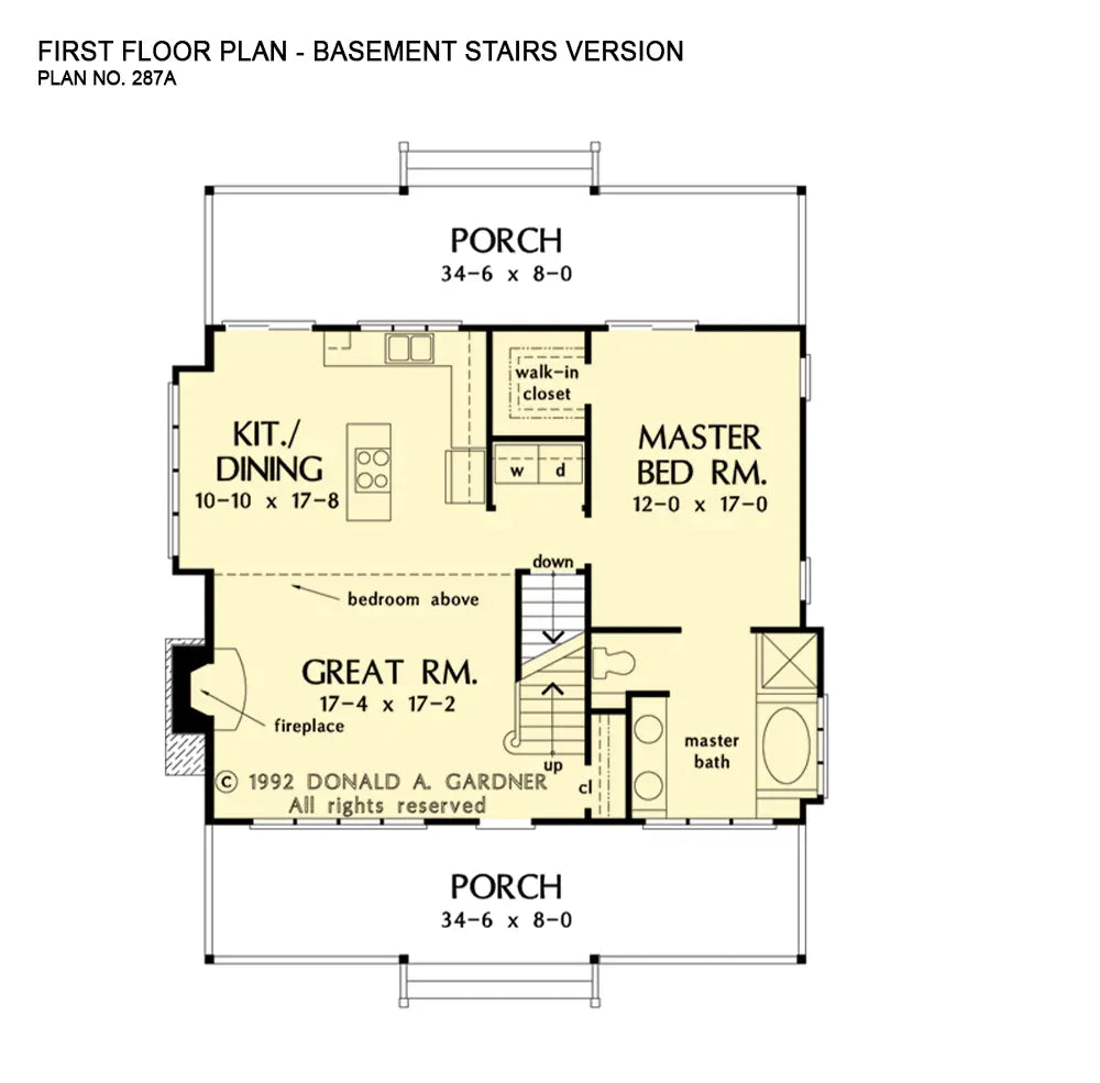 This is the first floor plan image for cabin house plan 287 The Seymour if the home is built over a basement