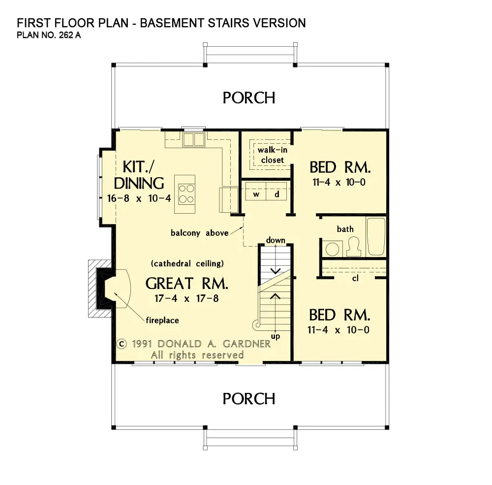 This is the first floor plan image for cabin house plan 262 The Shady Grove if the home is built over a basement