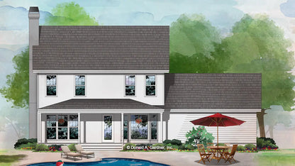 This is an illustration of the rear of farmhouse house plan 282 The Shawcroft