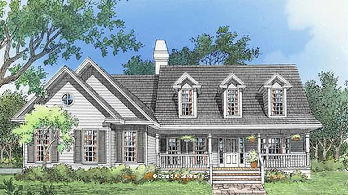 This is an illustration of the front of country house plan 303 The Shelby