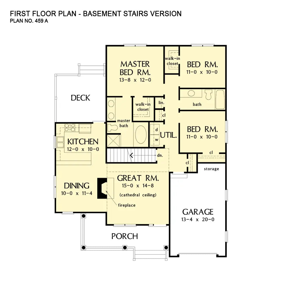 This is the first floor plan image for narrow lot house plan 459 The Sheldon if the home is built over a basement