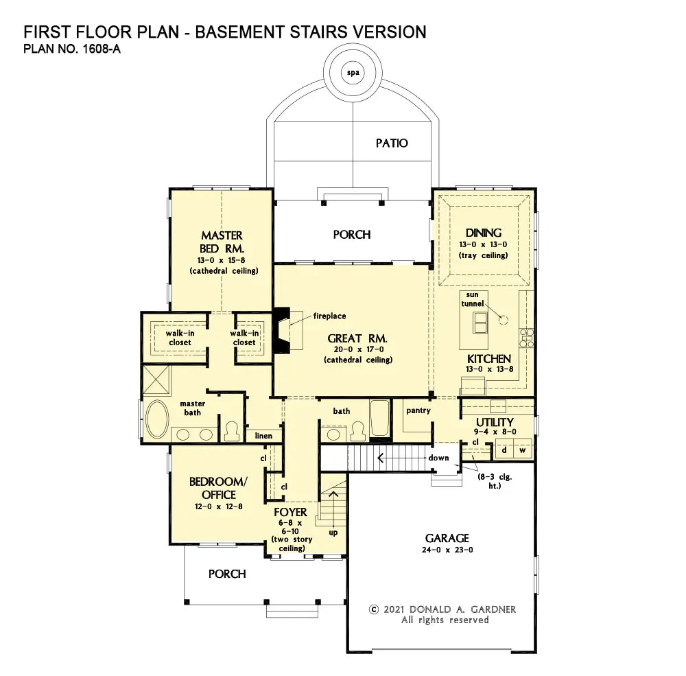 This is the first floor plan image for four bedroom house plan 1608 The Shirley if the home is built over a basement