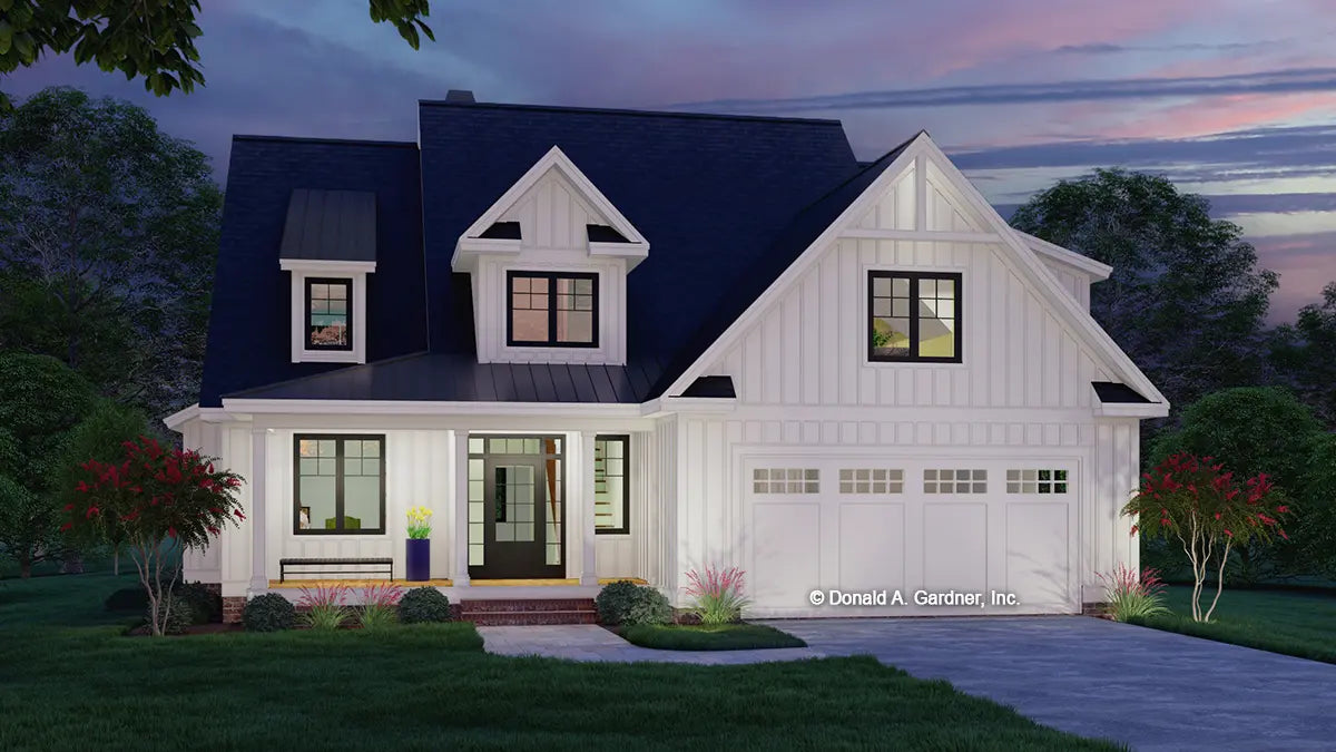 This is an illustration of the front of two story house plan 1608 The Shirley at dusk