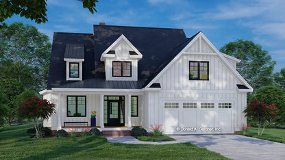 This is an illustration of the front of modern farmhouse house plan 1608 The Shirley