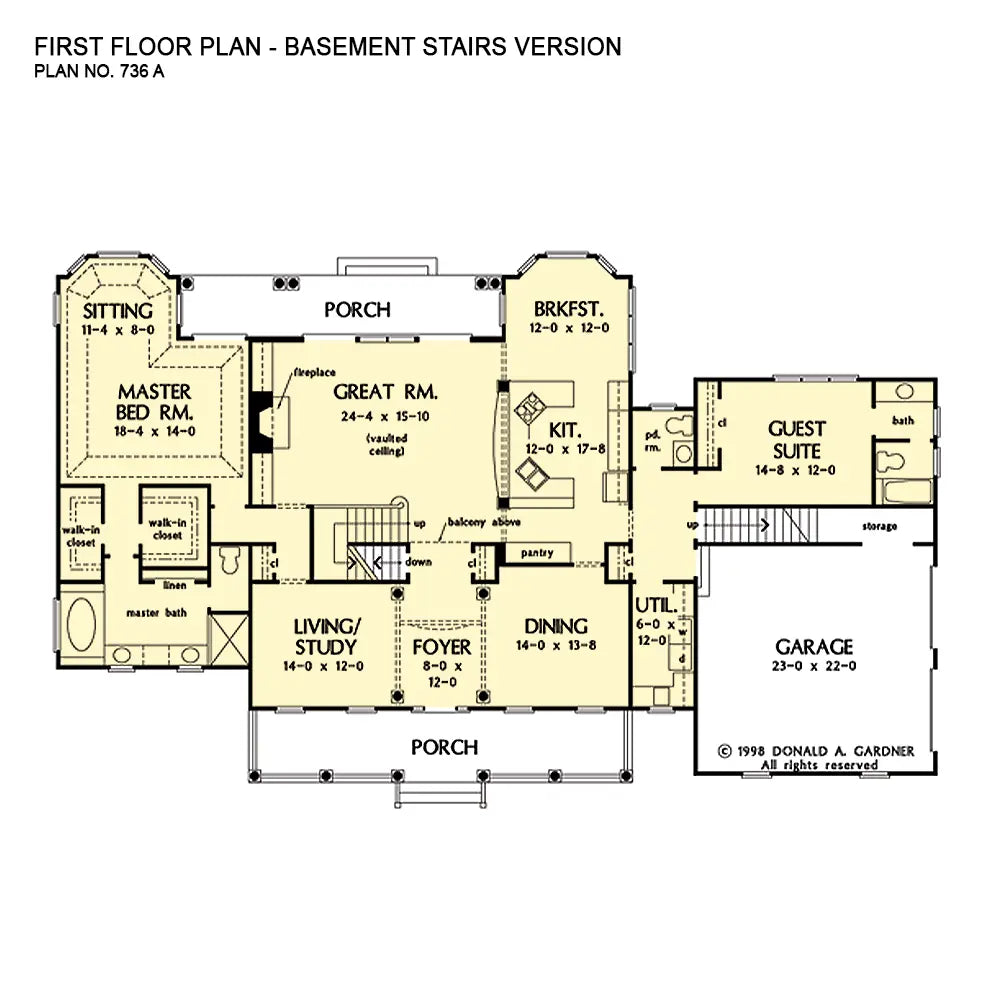 This is the first floor plan image for estate house plan 736 The Silverleaf if the home is built over a basement