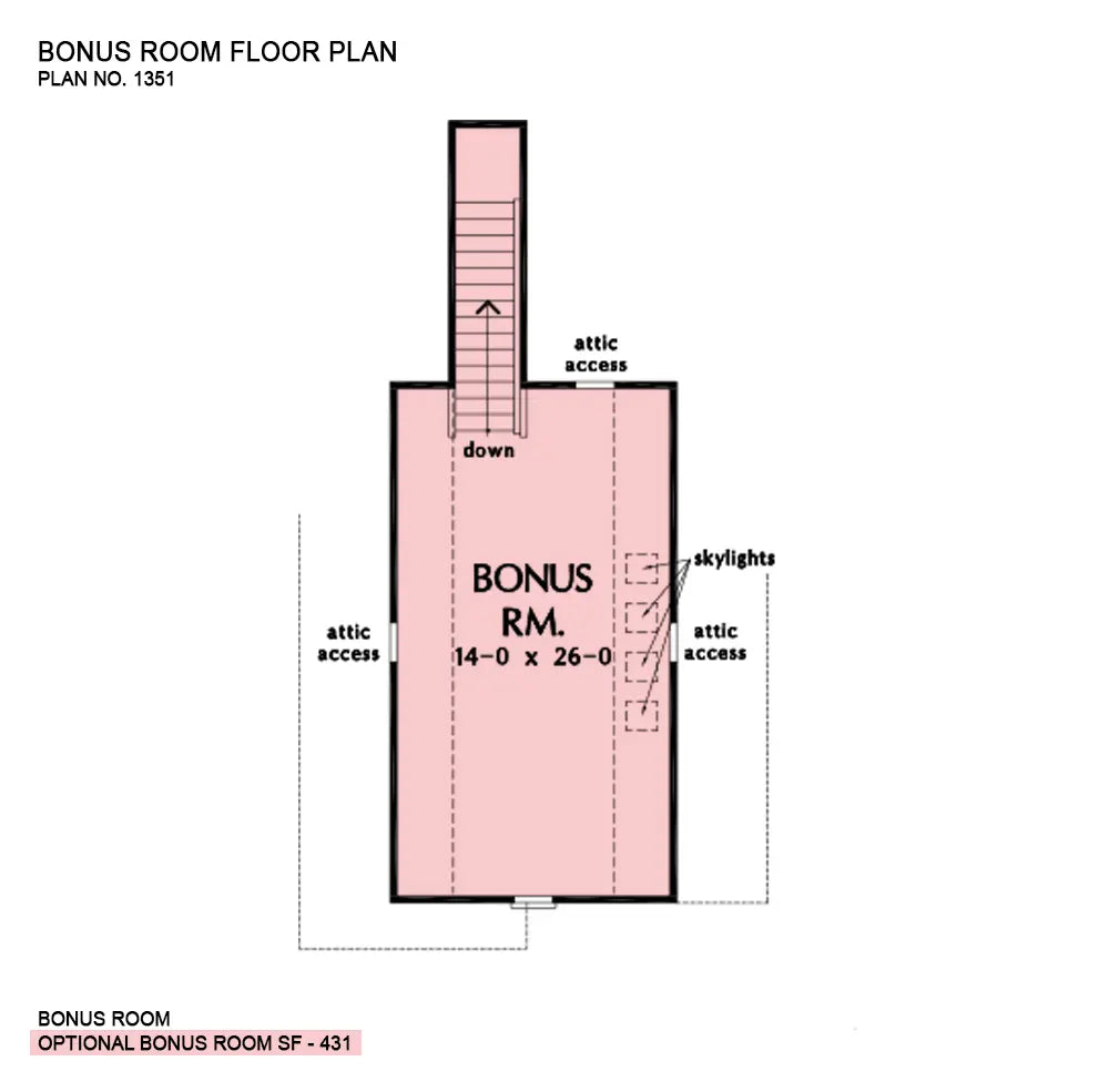 This is the bonus room floor plan image for four bedroom house plan 1351 The Simon