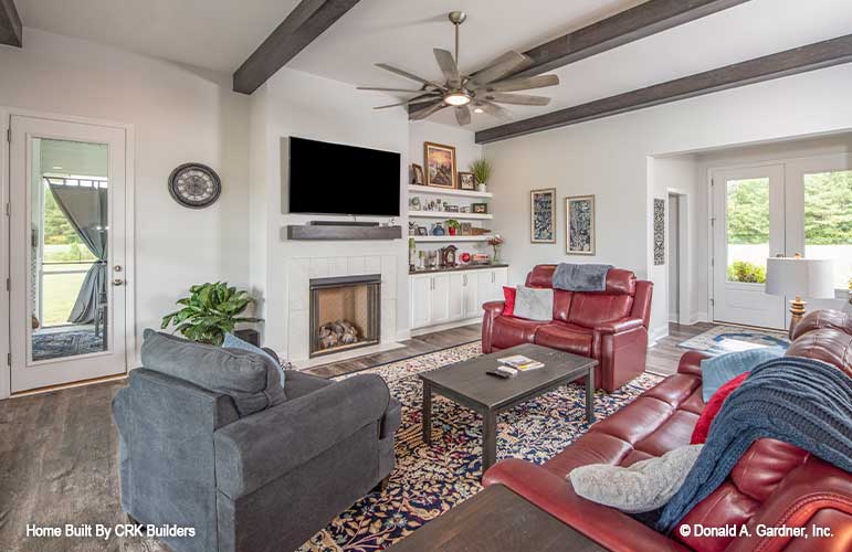 Fireplace and wood beams on the ceiling in the Great room